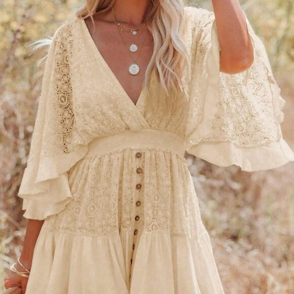 Apricot Casual Women's Contrast Lace Button Front Ruffle Hem Dress - Picture 1 of 4